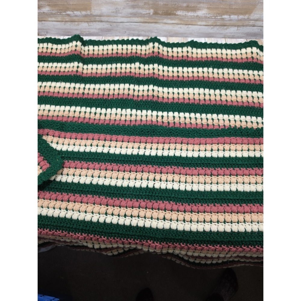 Vintage Handmade Crochet Afghan Blanket Green‎ Pink Cream Bobble Stitch Striped